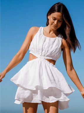 Left On Friday White Cutout Linen Blend Mini Dress Size M Cut Out Tiered Dress